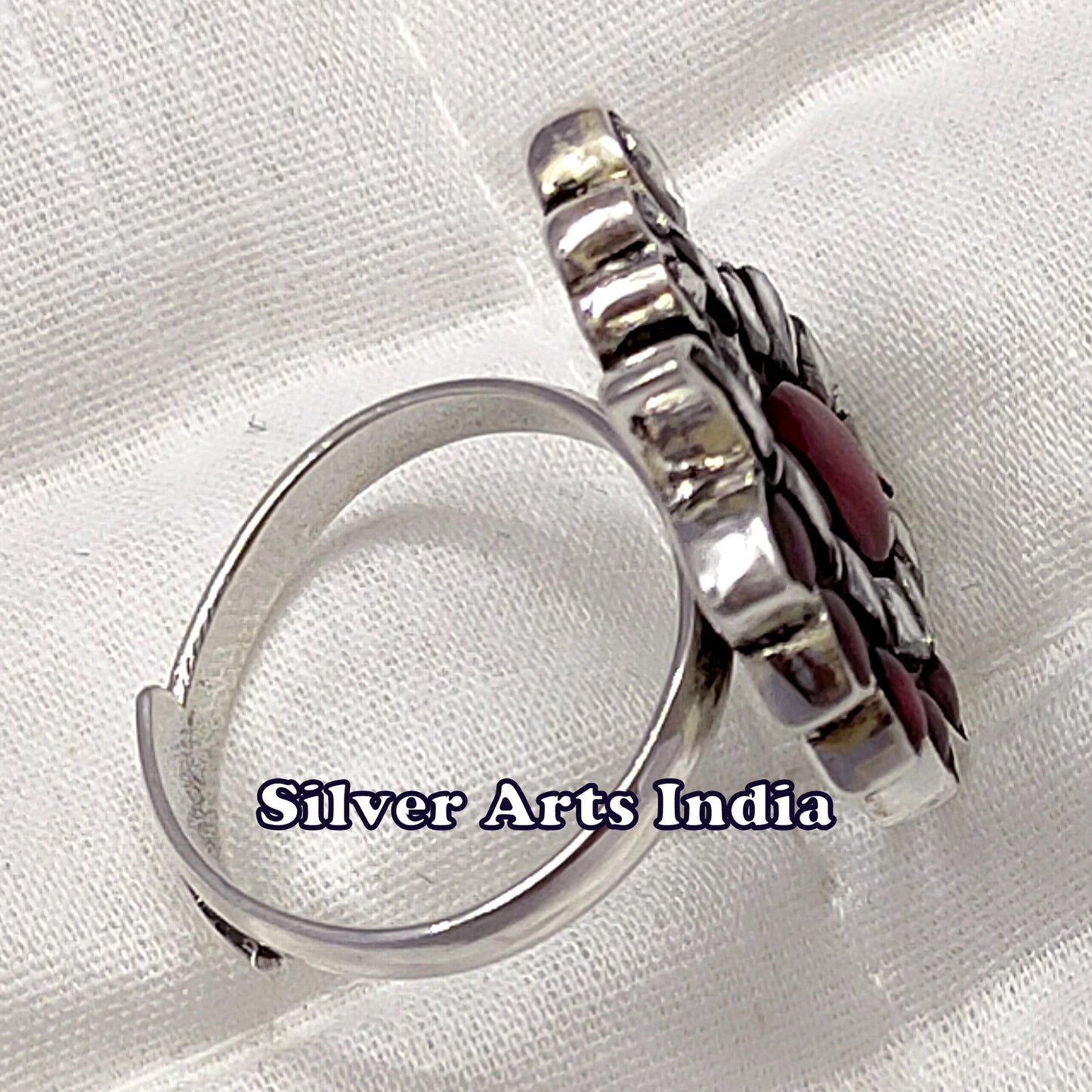 Kundan Polki And red Stone 925 Silver Fine Adjustable Ring