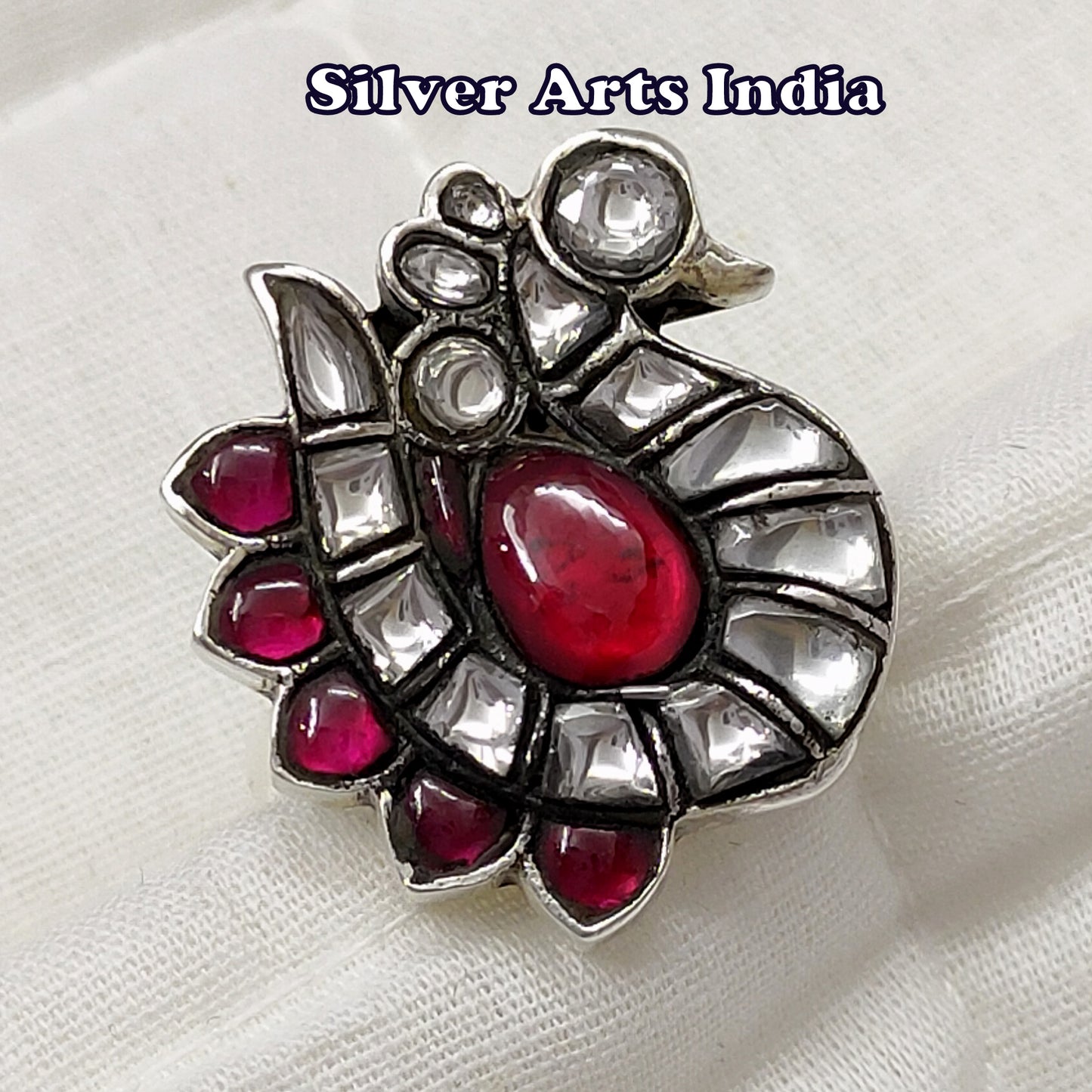 Kundan Polki And red Stone 925 Silver Fine Adjustable Ring
