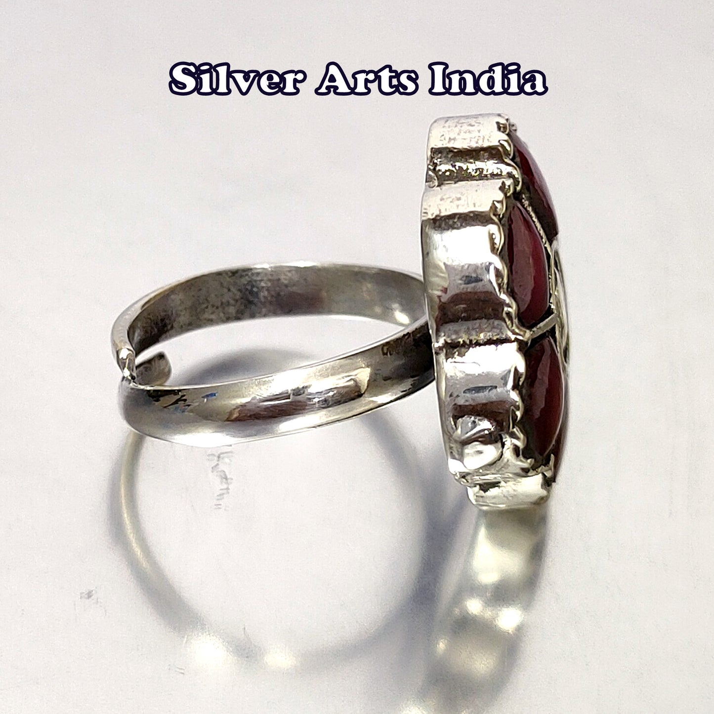 Kundan Polki And Red Stones Silver Bezel Setting Adjustable Ring