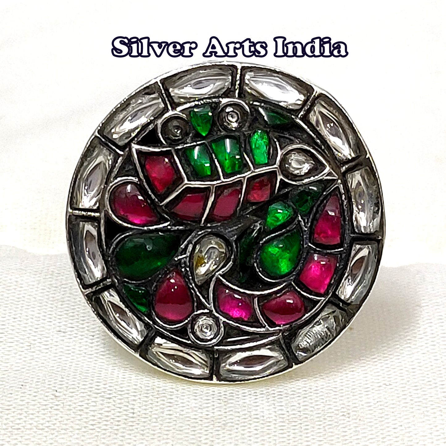 Kundan Polki Red Stones And Green Stones Solid 925 Silver Adjustable Ring