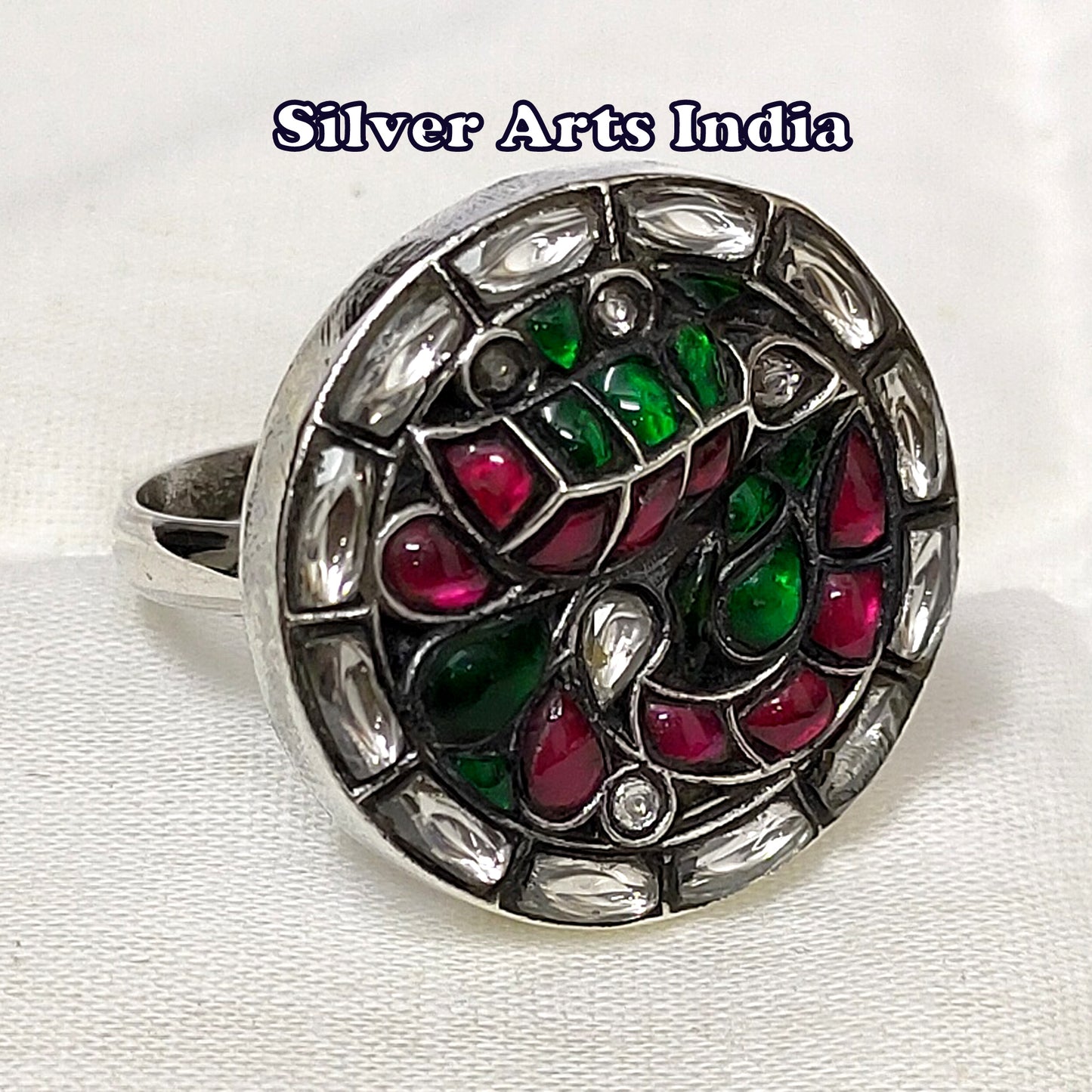 Kundan Polki Red Stones And Green Stones Solid 925 Silver Adjustable Ring