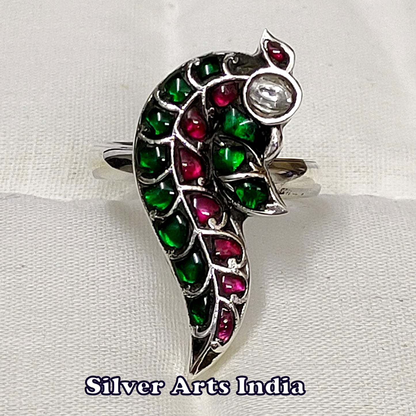 Kundan Polki Red Stones And Green Stones 925 Silver Adjustable Ring