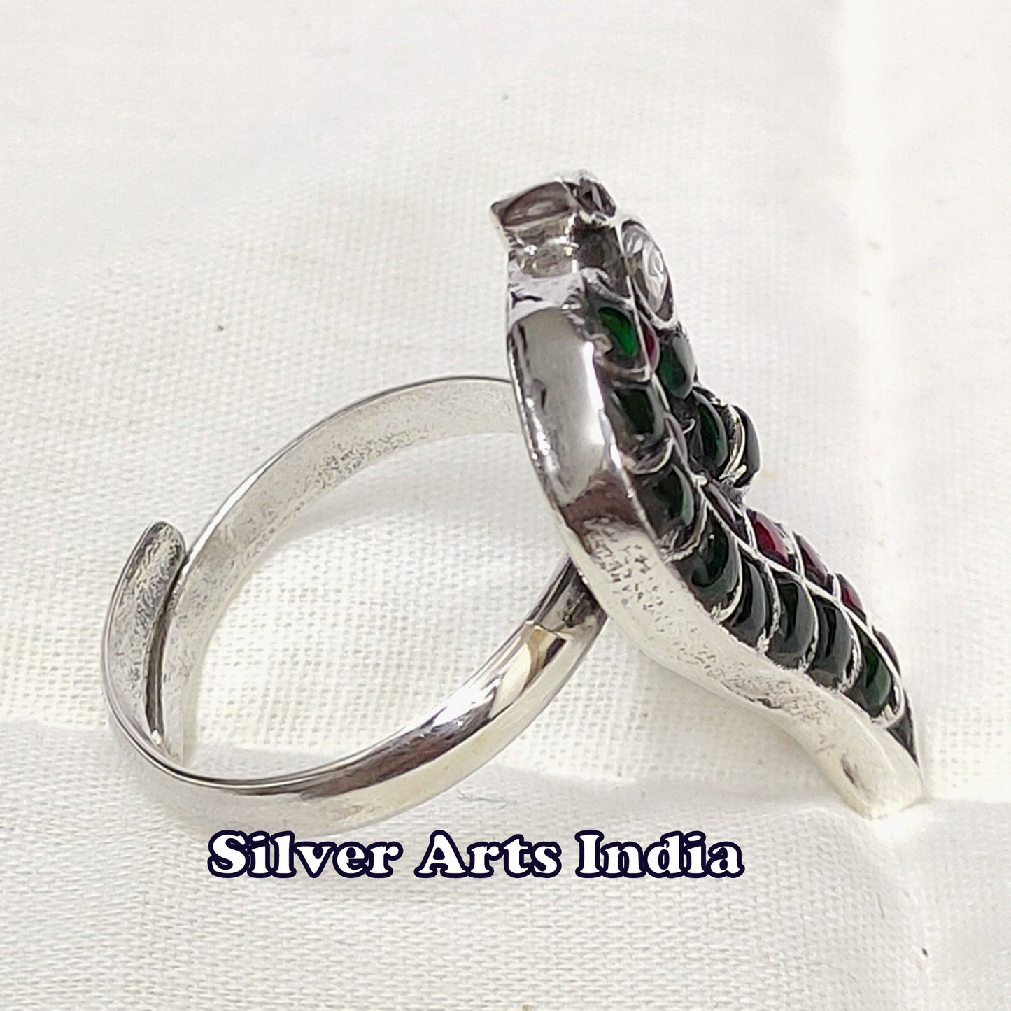 Kundan Polki Red Stones And Green Stones 925 Silver Adjustable Ring