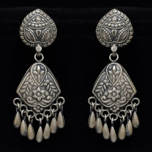 Antique Silver Rajasthan Tribal Long Earrings , Silver Handmade Rajasthani Tribal Jewellery