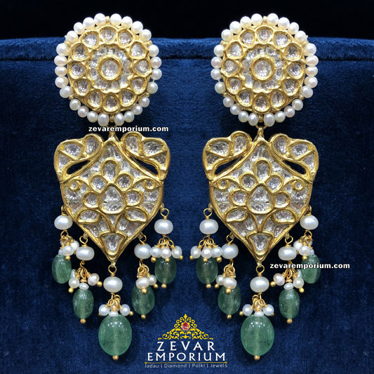 22k Gold Uncut Diamond Polki Beryls Emerald Long Jadau Earrings