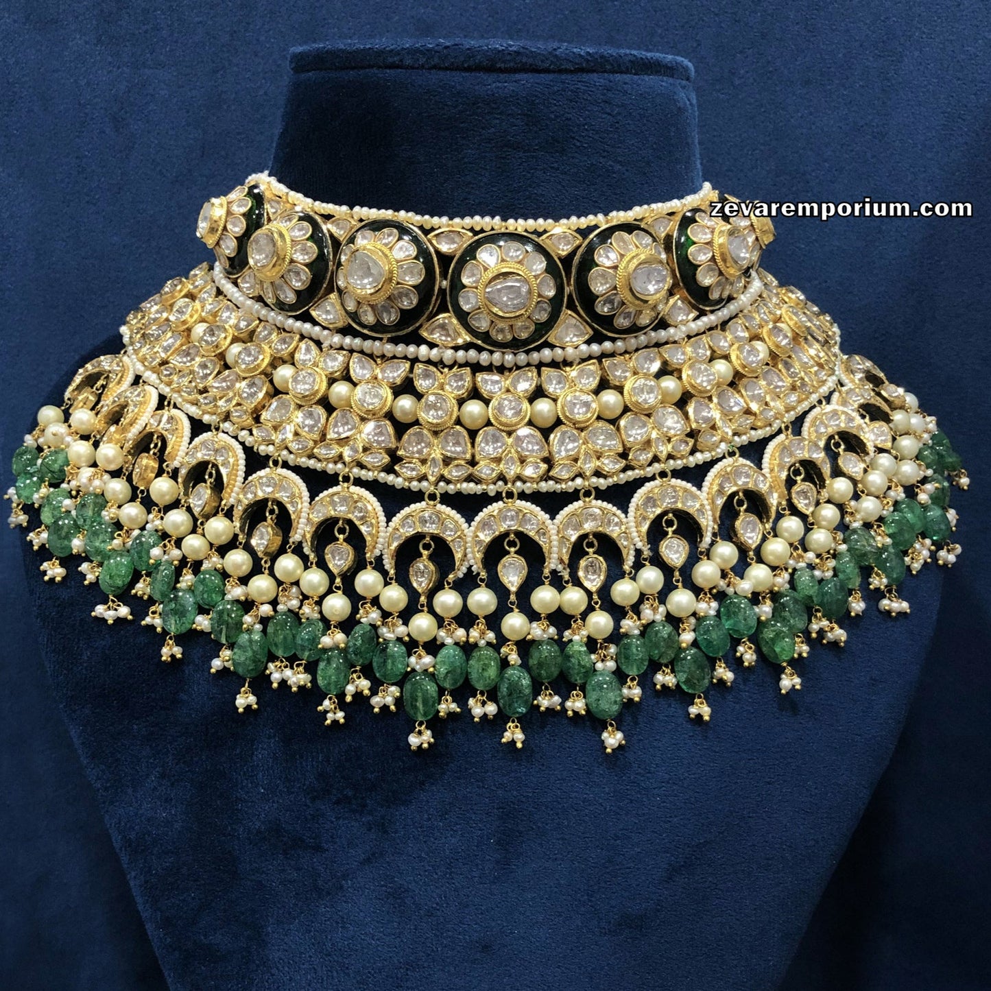 Fine Gold Diamond Polki Green Beryl Rajputi Jadau Necklace Set