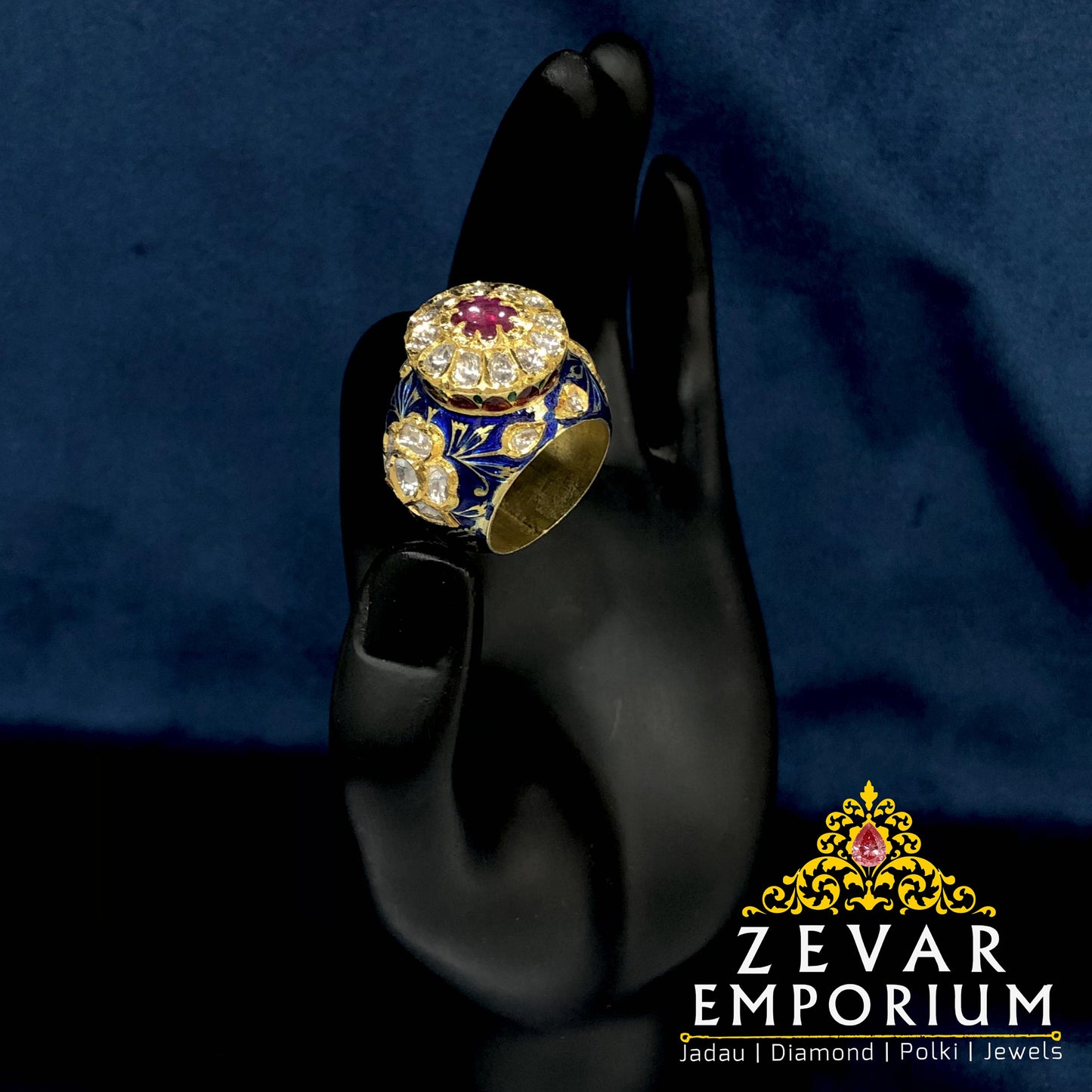 22k Gold Diamond Polki GF Ruby Traditional Minakari Ring