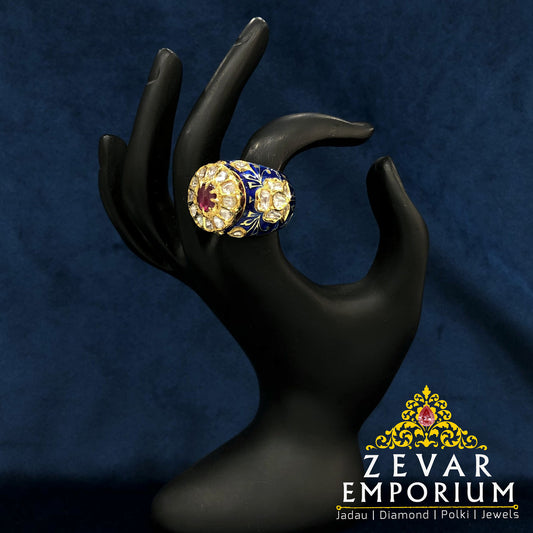 22k Gold Diamond Polki GF Ruby Traditional Minakari Ring